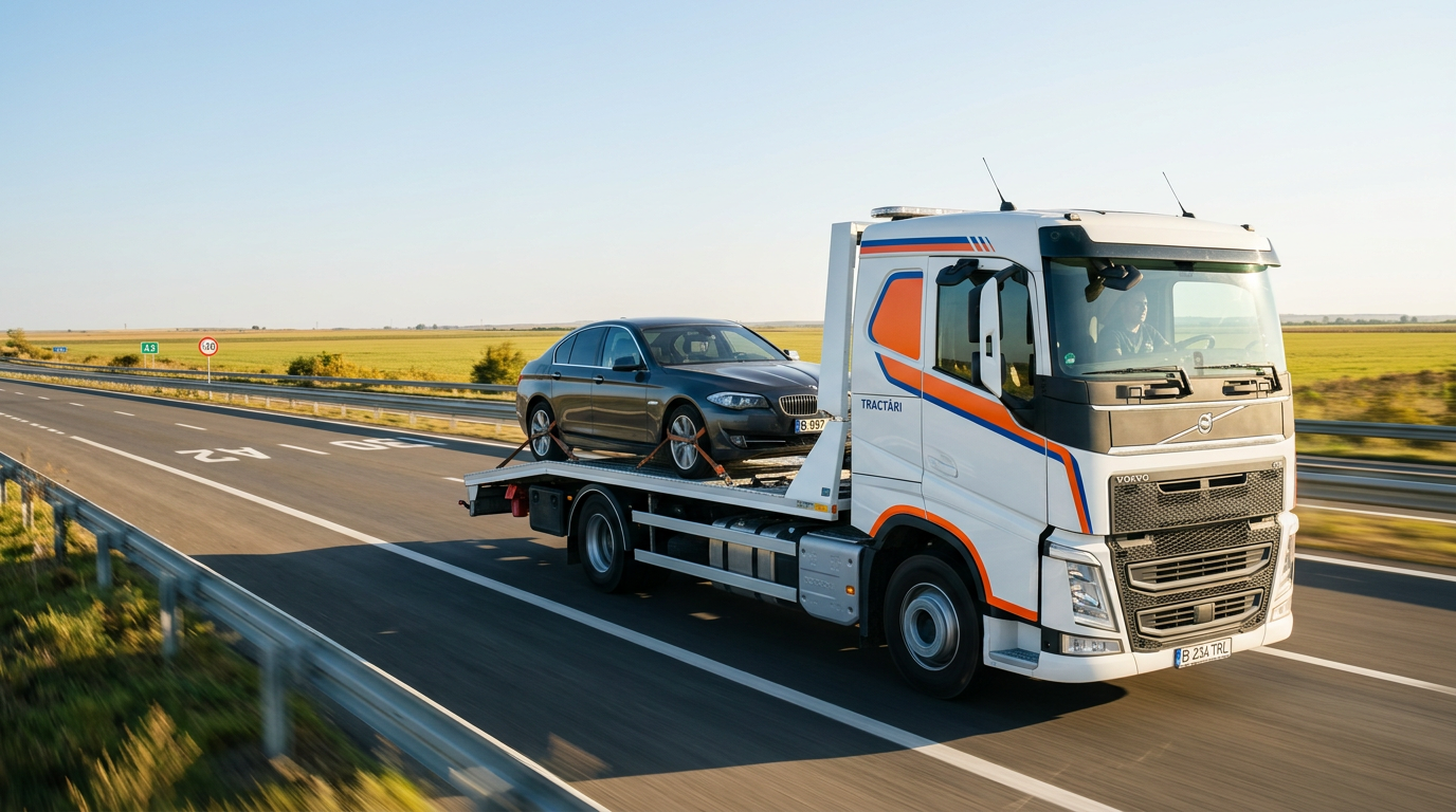 Platformă auto albă cu dungi portocalii transportând un autoturism pe autostrada A2